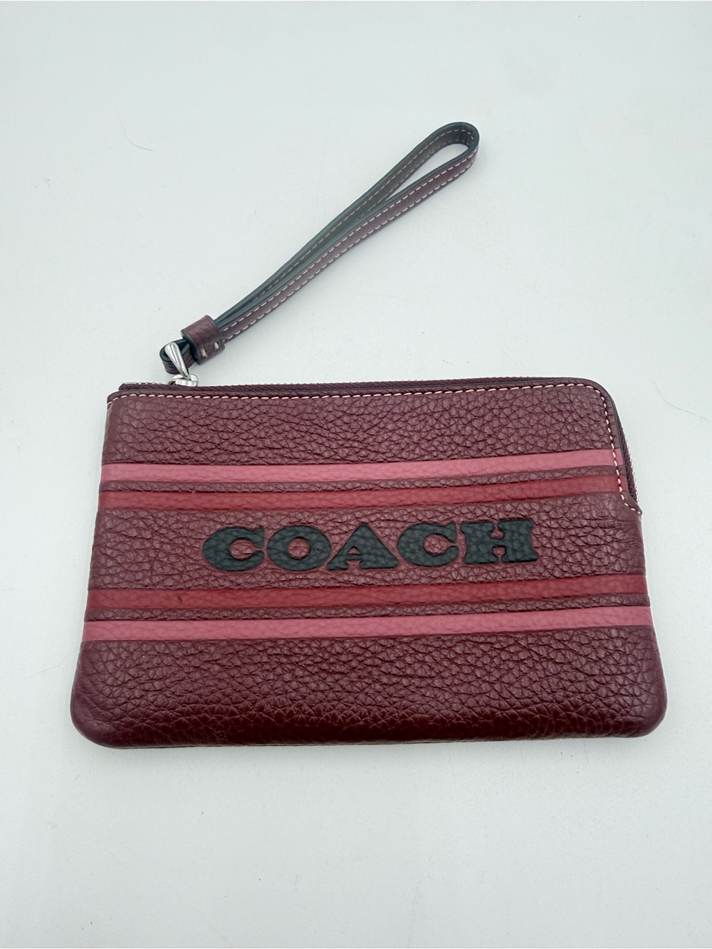Coach CH311 Corner Zip Wristlet With Coach Stripe Wine Pink Red - Leather